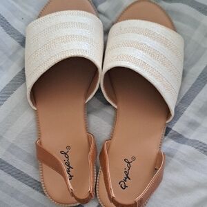 Qupid Cream and Tan Minimalist Slide Sandals
